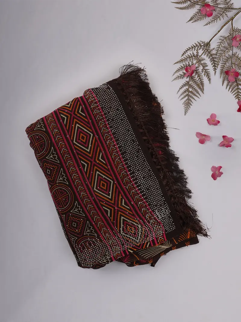 Dark Brown And Black Geometric Printed Design Chiffon Saree With Stone Embellished Border 1