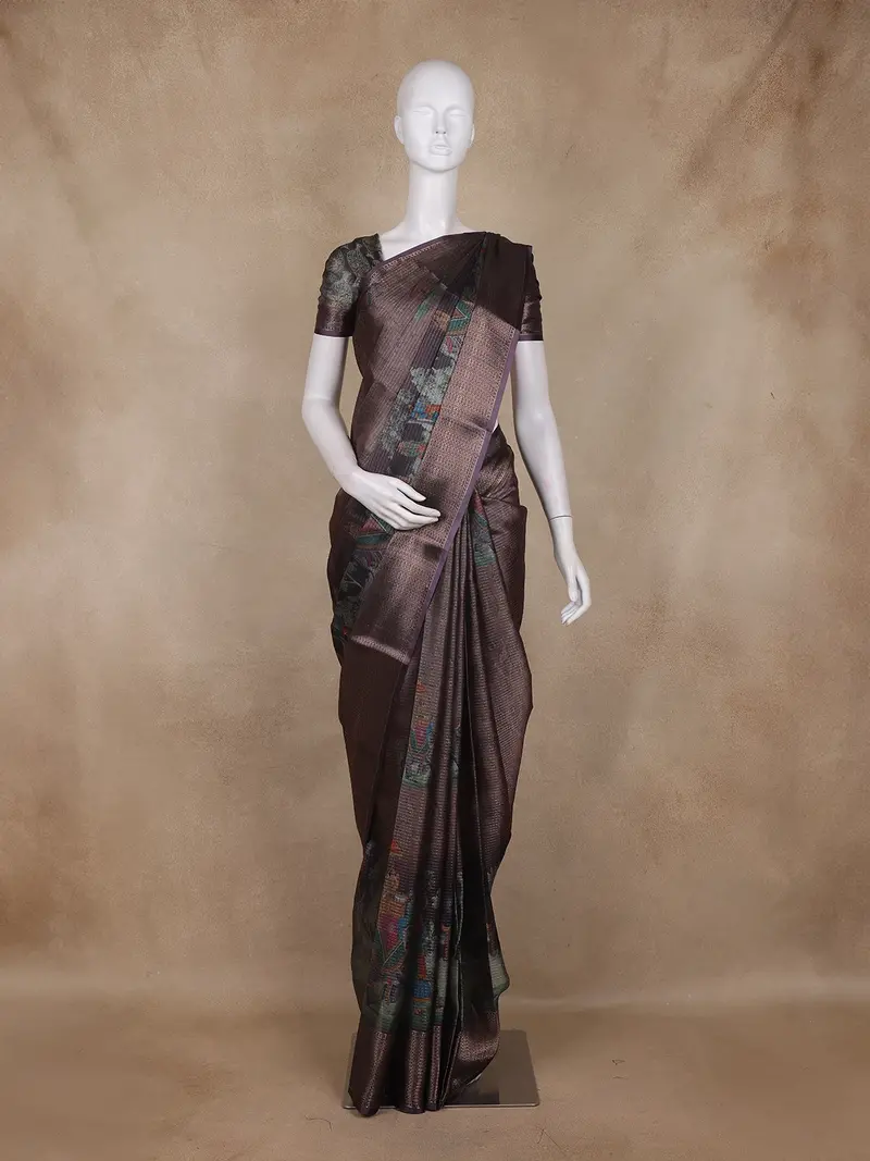 Dark Brown And Green Floral Woven Design Mixed Cotton Fancy Saree With Zari Border 1