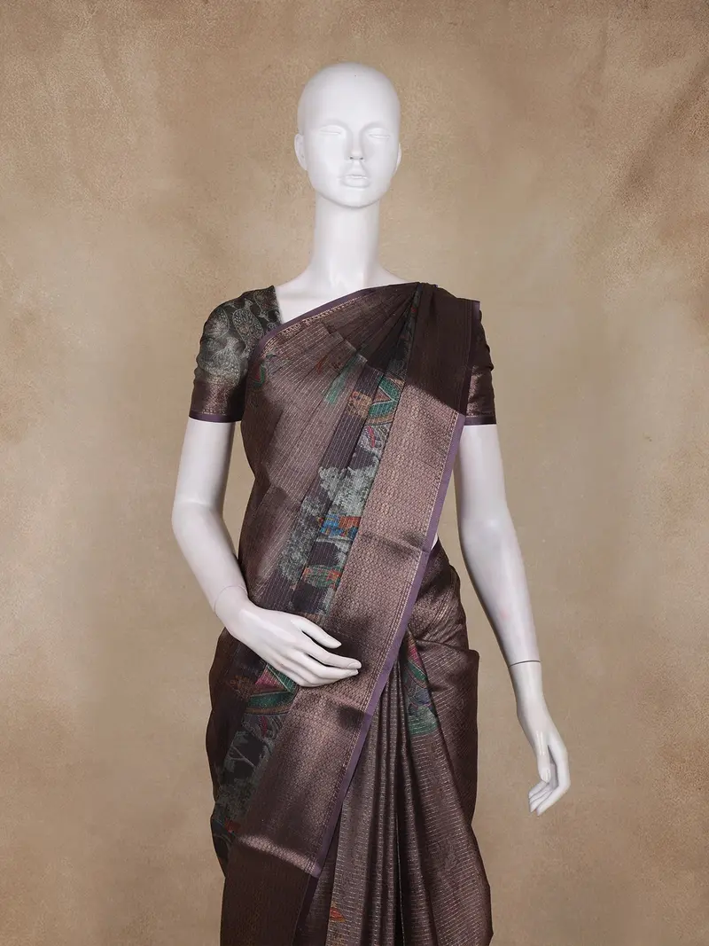 Dark Brown And Green Floral Woven Design Mixed Cotton Fancy Saree With Zari Border 2