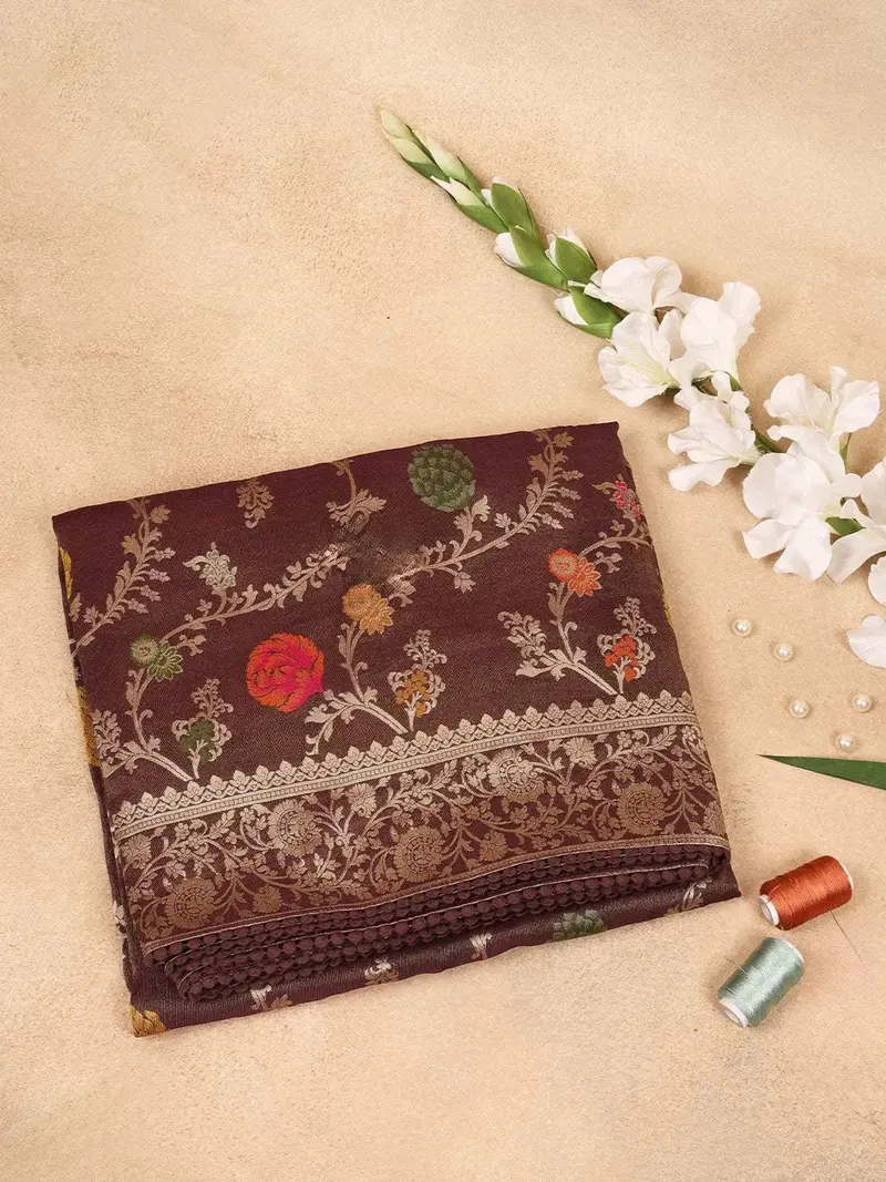 Dark Brown Banarasi Saree With Floral Design On The Body With Zari Border 1