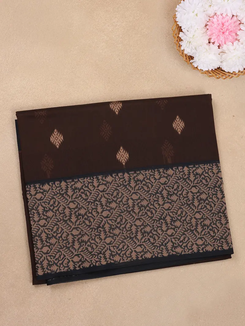 Dark Brown Butta Woven Design Cotton Saree With Contrast Border 1