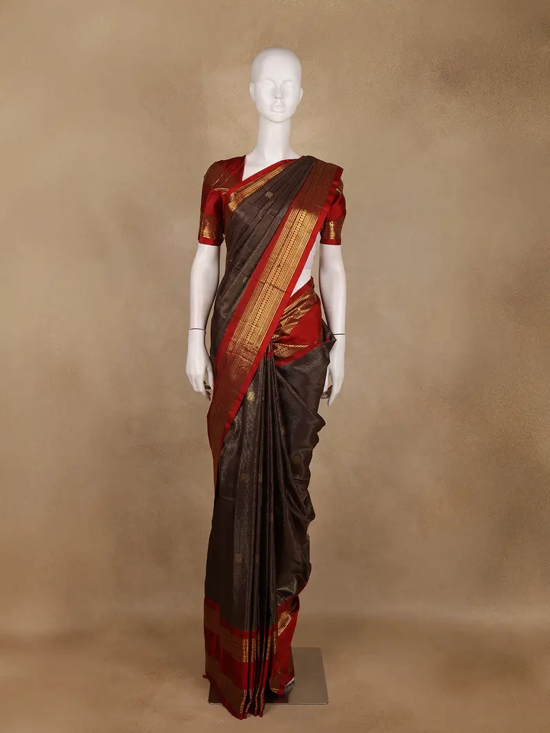 Dark Brown Butta Woven Design Pure Kanchipuram Silk Saree 1