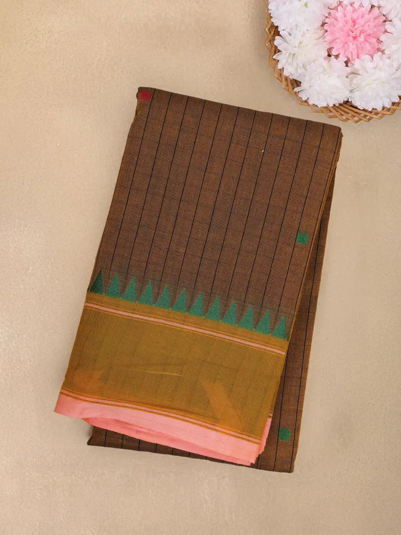 Dark Brown Checked Woven Design Cotton Saree With Mustard Yellow Woven Border 1