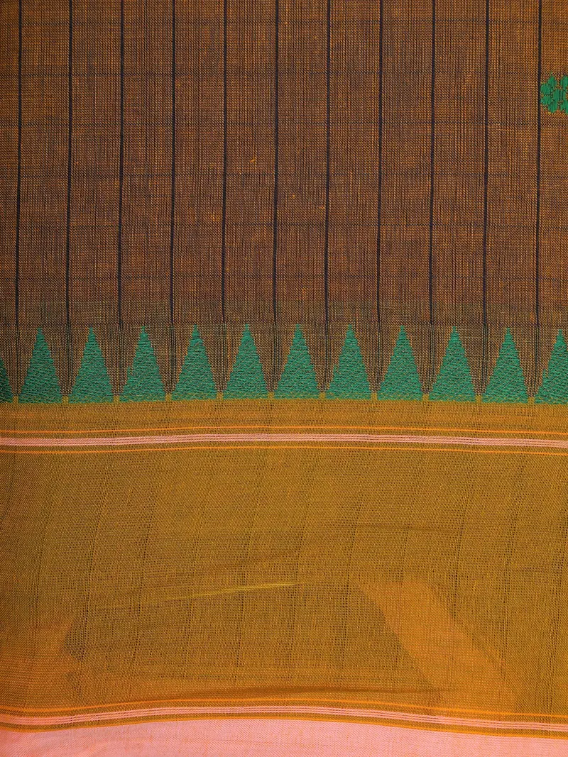 Dark Brown Checked Woven Design Cotton Saree With Mustard Yellow Woven Border 2