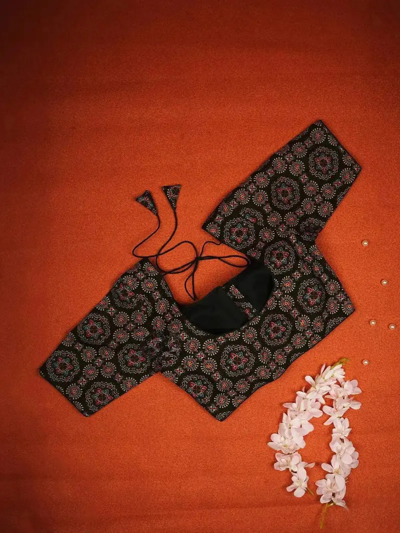 Dark Brown Cotton Readymade Blouse Adorned With Floral Geometric Design 1