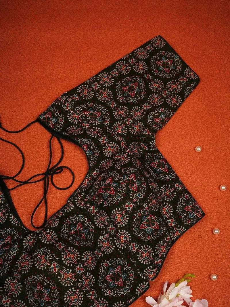 Dark Brown Cotton Readymade Blouse Adorned With Floral Geometric Design 2