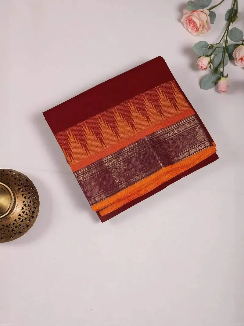 Dark Brown Cotton Saree With Plain Body And Contrast Border 1