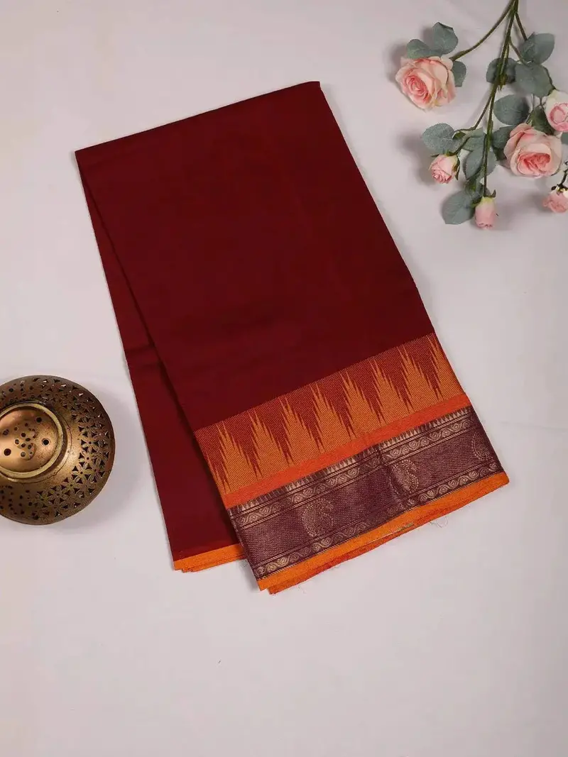 Dark Brown Cotton Saree With Plain Body And Contrast Border 2
