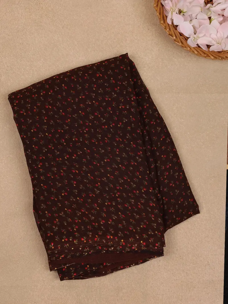 Dark Brown Floral Printed Georgette Saree With Matching Blouse 1