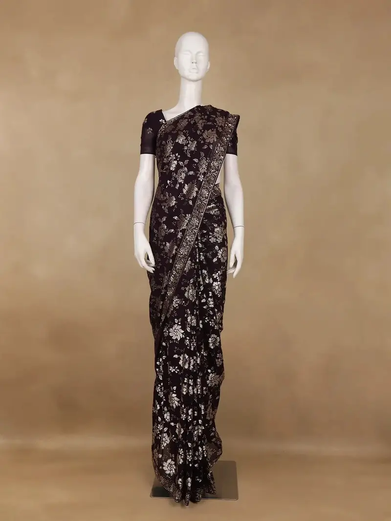 Dark Brown Floral Sequins Embroidered Georgette Saree 1