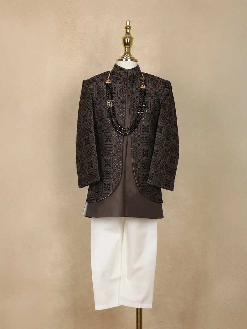 Dark Brown Geometric Embroidered Semi Silk Kids Sherwani Set With White Pants 1