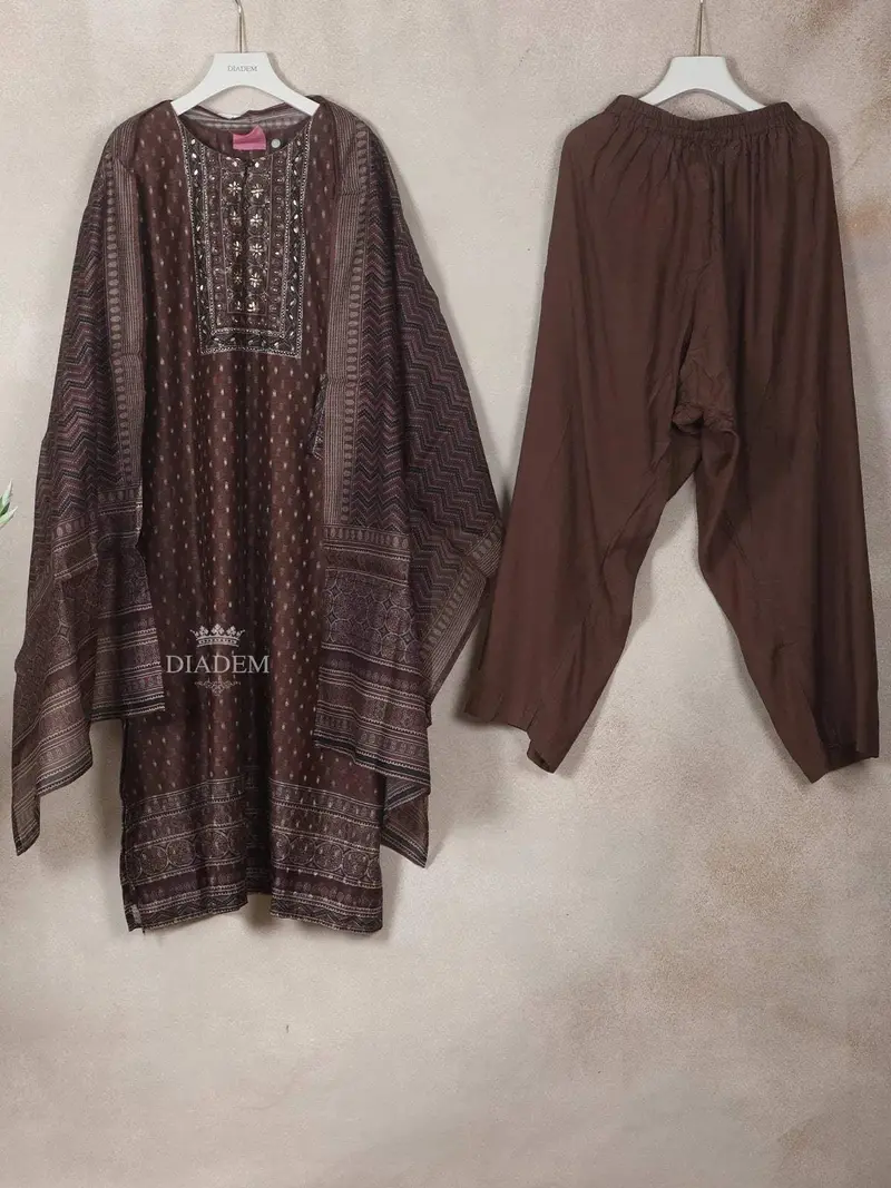 Dark Brown Georgette Straight-Cut Salwar Suit For Girls Adorned With Floral Design, Paired With Dupatta 1