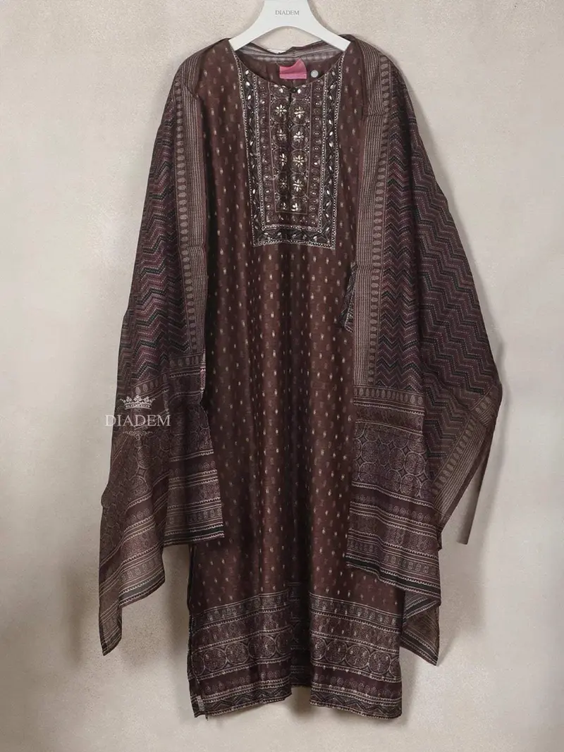 Dark Brown Georgette Straight-Cut Salwar Suit For Girls Adorned With Floral Design, Paired With Dupatta 2