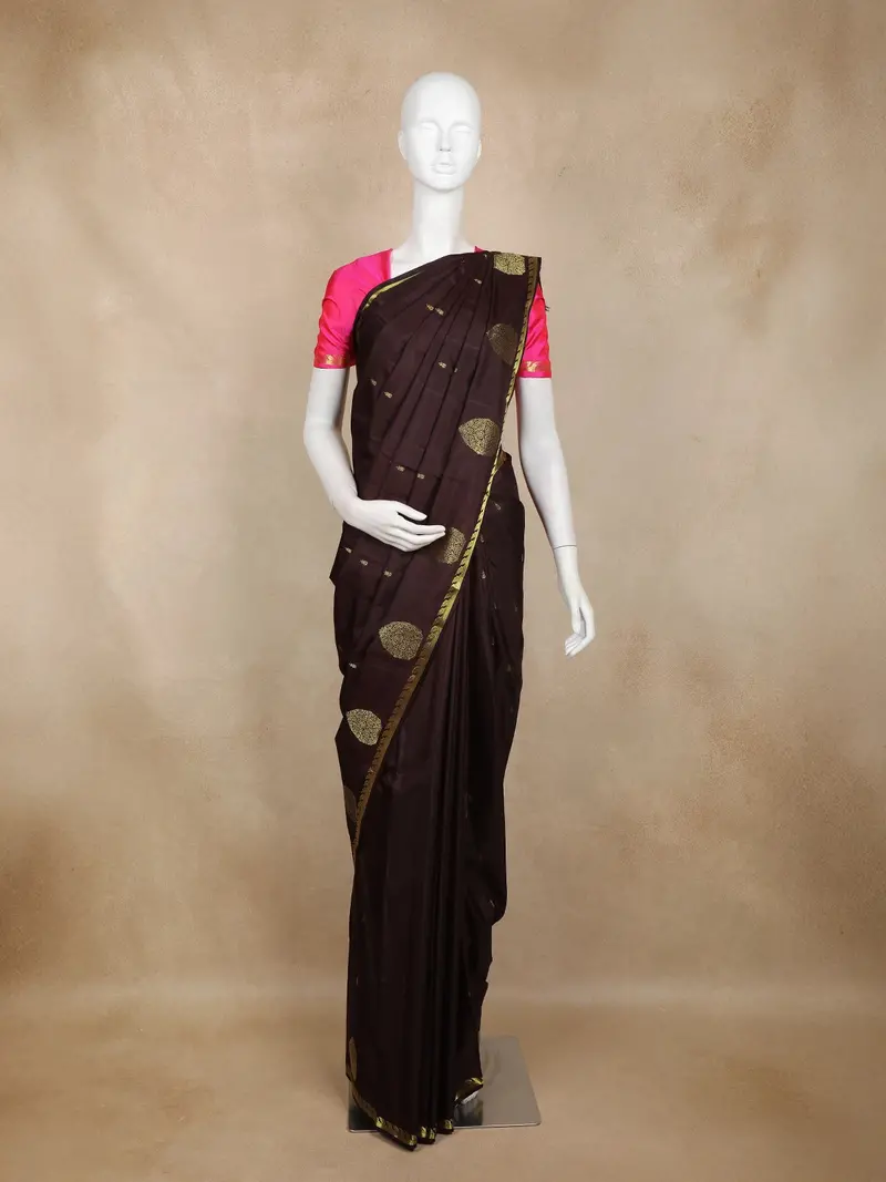 Dark Brown Gold Butta Woven Kanchipuram Silk Saree 1