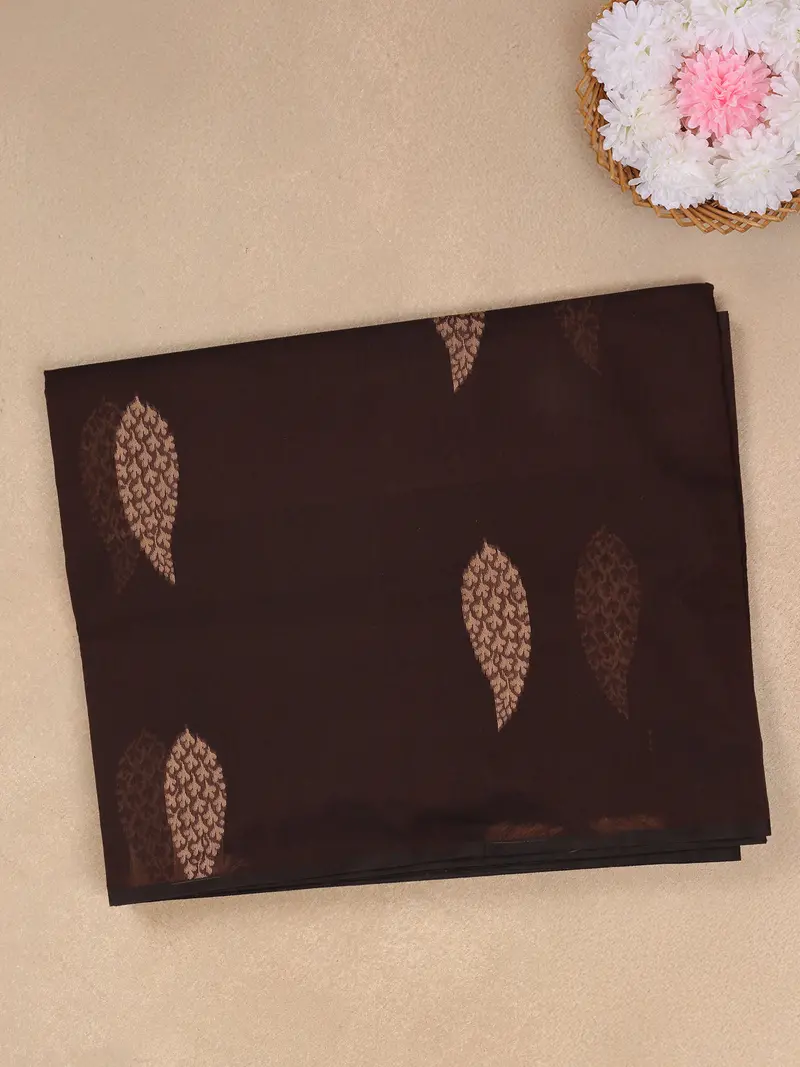 Dark Brown Leaf Woven Design Cotton Saree With Self Border 1