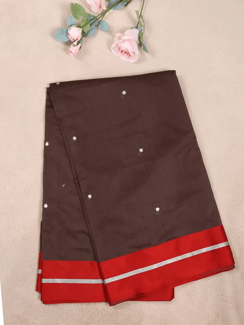 Dark Brown Organza Saree With Floral Designs On The Body And Paired With Designer Blouse 2