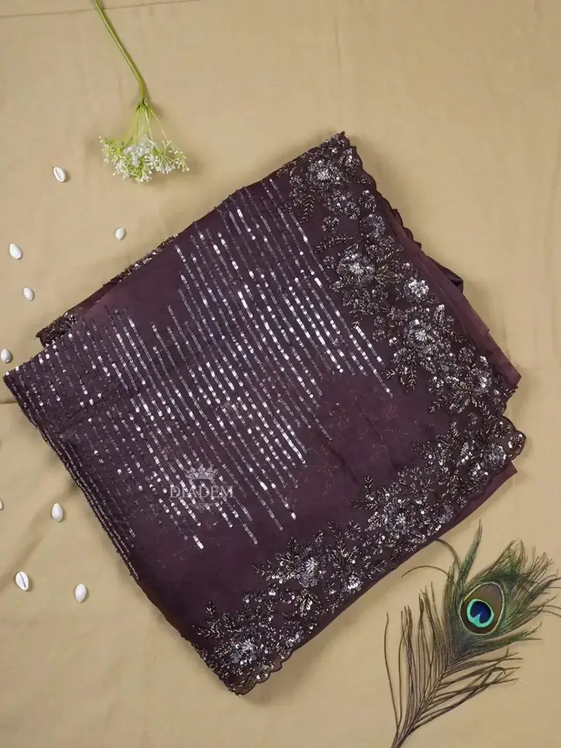 Dark Brown Organza Silk Saree Embellished In Floral Embroidery Border 1