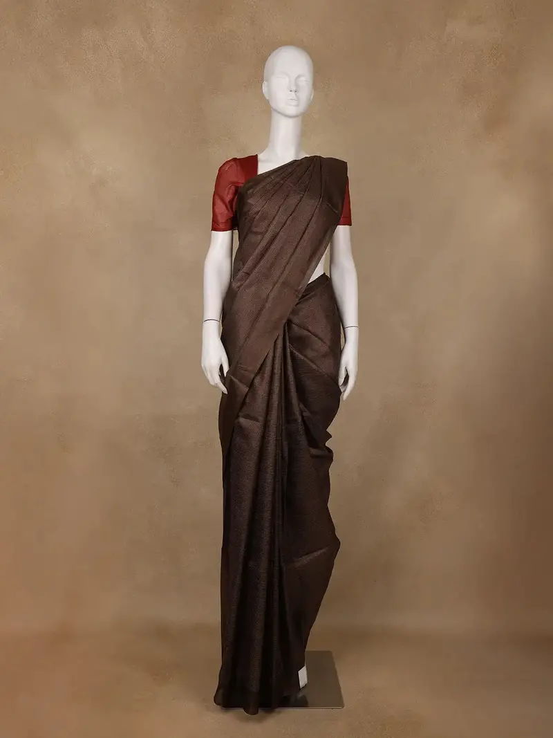 Dark Brown Solid Design Pure Tussar Silk Saree 1