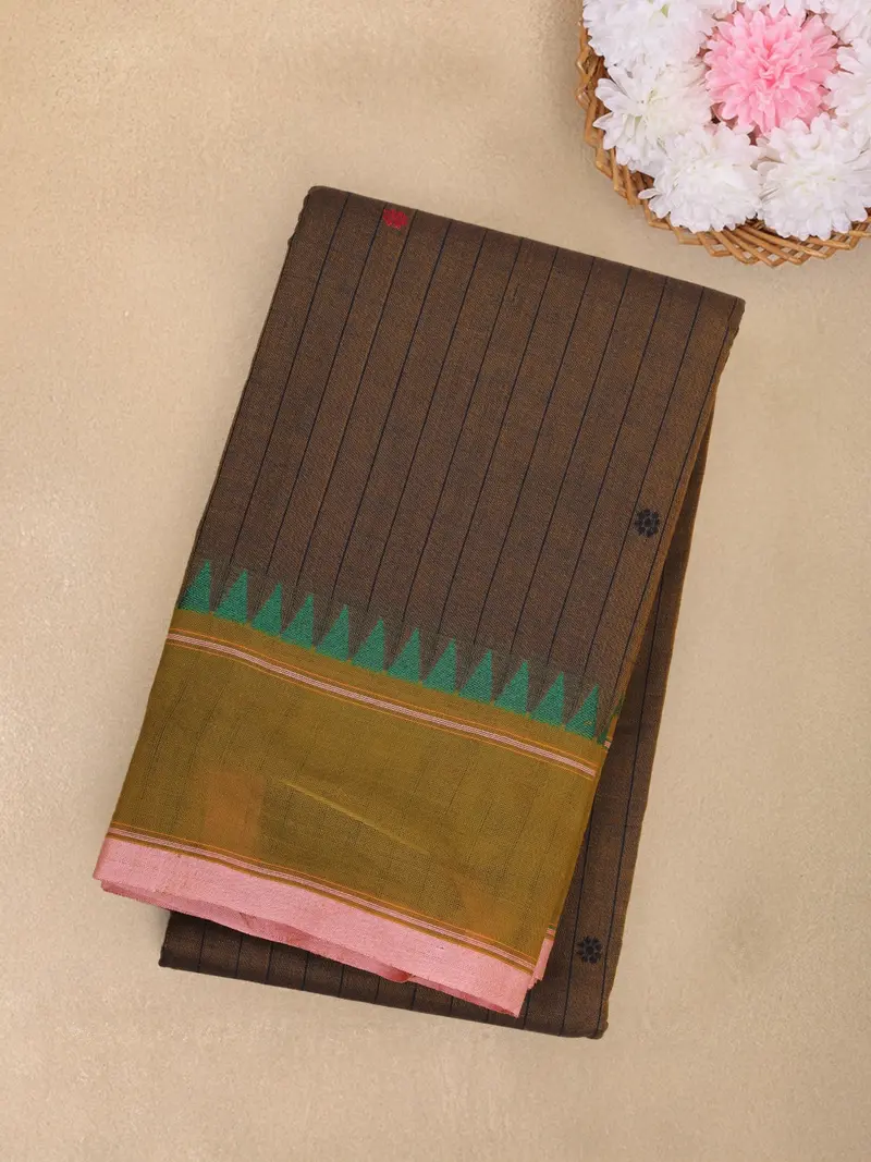 Dark Brown Striped Woven Design Cotton Saree With Woven Border 1