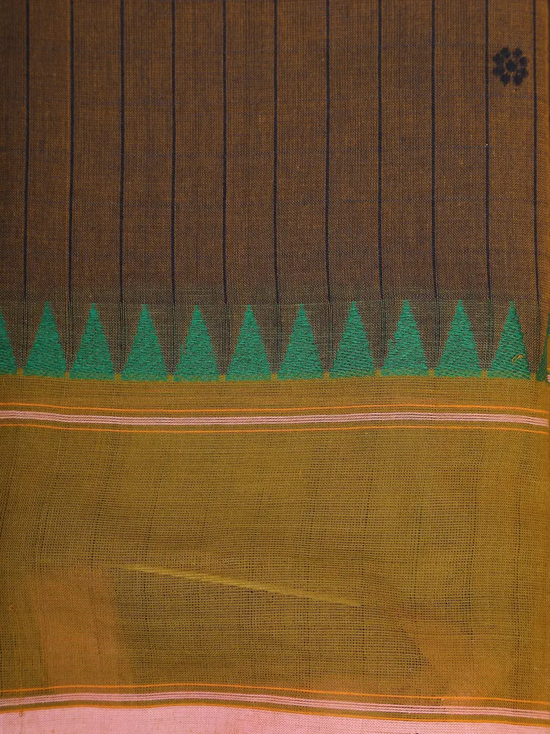 Dark Brown Striped Woven Design Cotton Saree With Woven Border 2