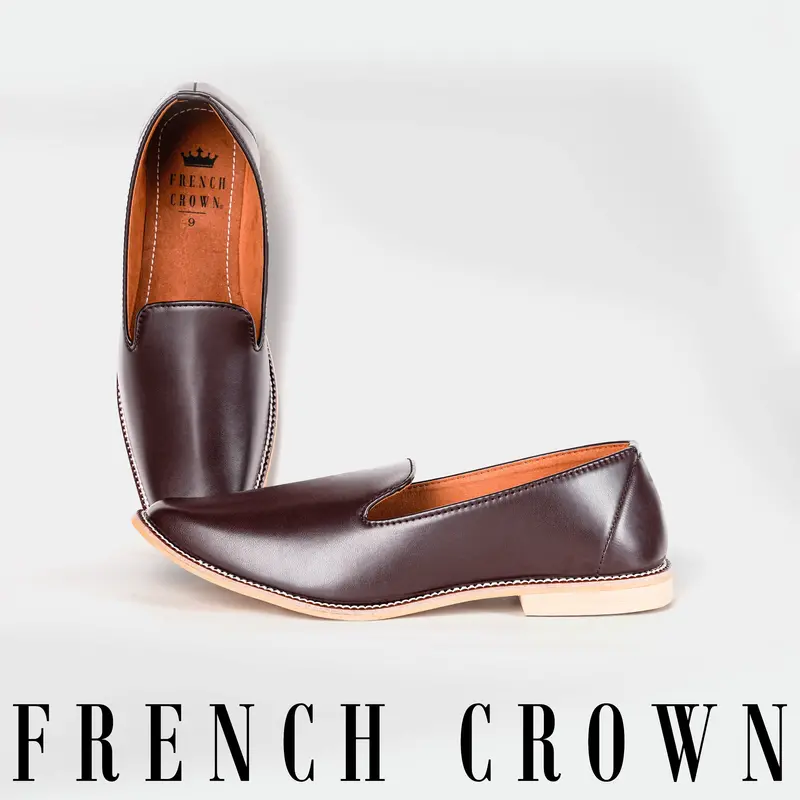 Dark Brown Vegan Leather Hand Stitched Mojri Slip-On Shoes 1