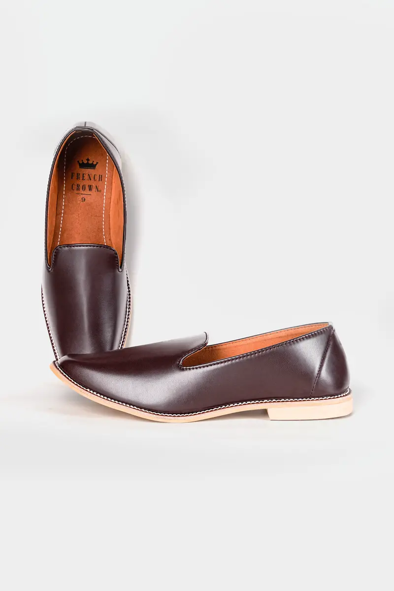Dark Brown Vegan Leather Hand Stitched Mojri Slip-On Shoes 2