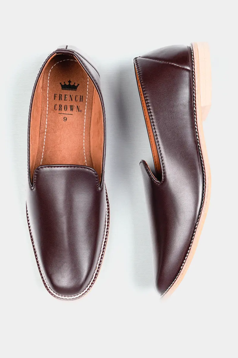 Dark Brown Vegan Leather Hand Stitched Mojri Slip-On Shoes 5