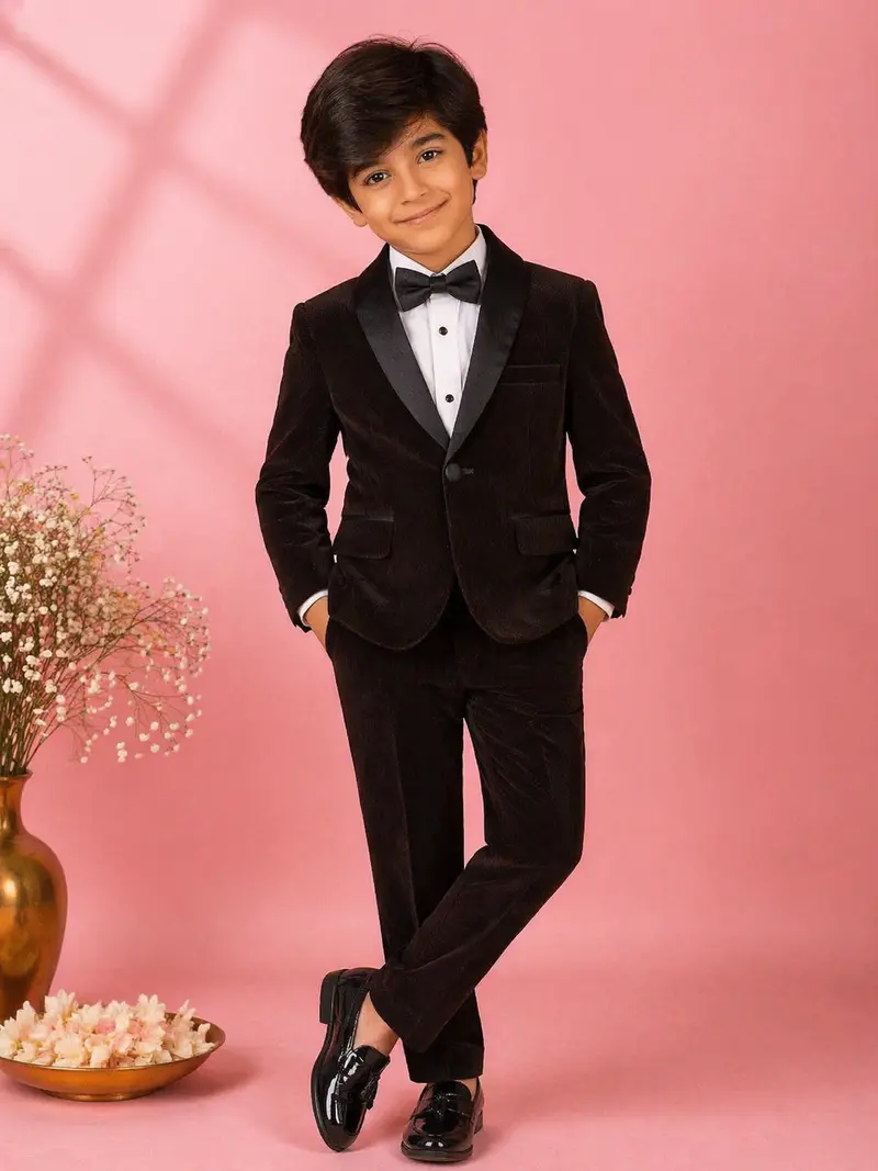 Dark Brown Velvet Tuxedo Coat And Suit For Boys 1