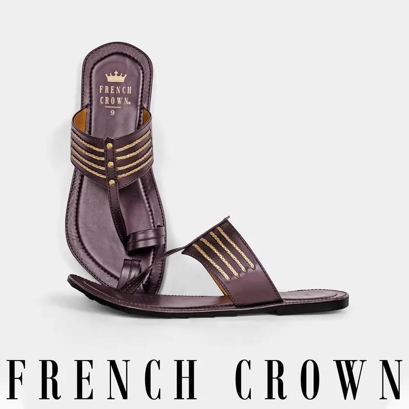 Dark Brown With Golden Stitched Vegan Leather Kolhapuri Sandal 1