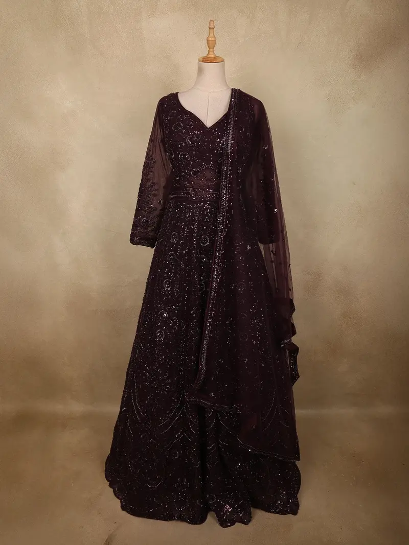 Dark Burgundy Heavy Sequins And Beads Embroidered Design Net Gown With Net Dupatta 1