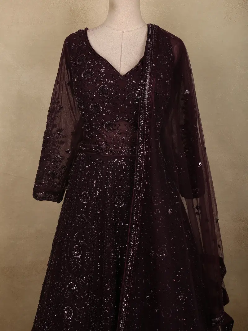 Dark Burgundy Heavy Sequins And Beads Embroidered Design Net Gown With Net Dupatta 2