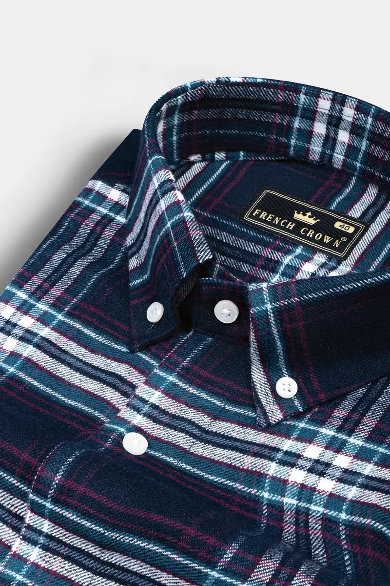 Dark Charcoal Blue With Astronaut Blue And White Plaid Flannel Shirt 1