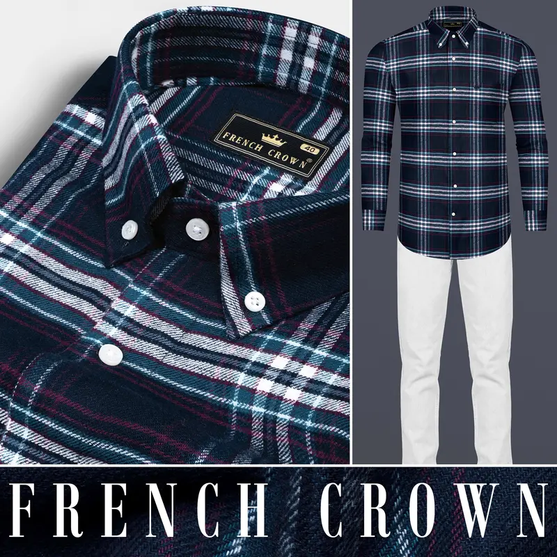 Dark Charcoal Blue With Astronaut Blue And White Plaid Flannel Shirt 10