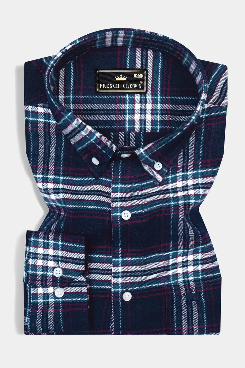 Dark Charcoal Blue With Astronaut Blue And White Plaid Flannel Shirt 3