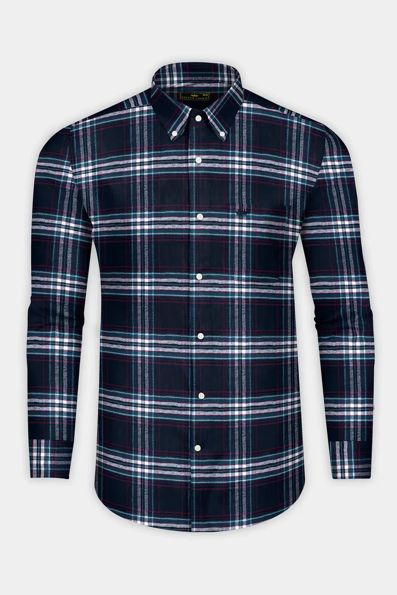 Dark Charcoal Blue With Astronaut Blue And White Plaid Flannel Shirt 4