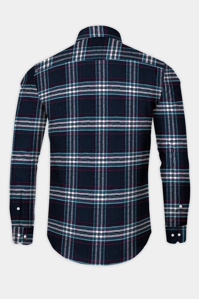 Dark Charcoal Blue With Astronaut Blue And White Plaid Flannel Shirt 5