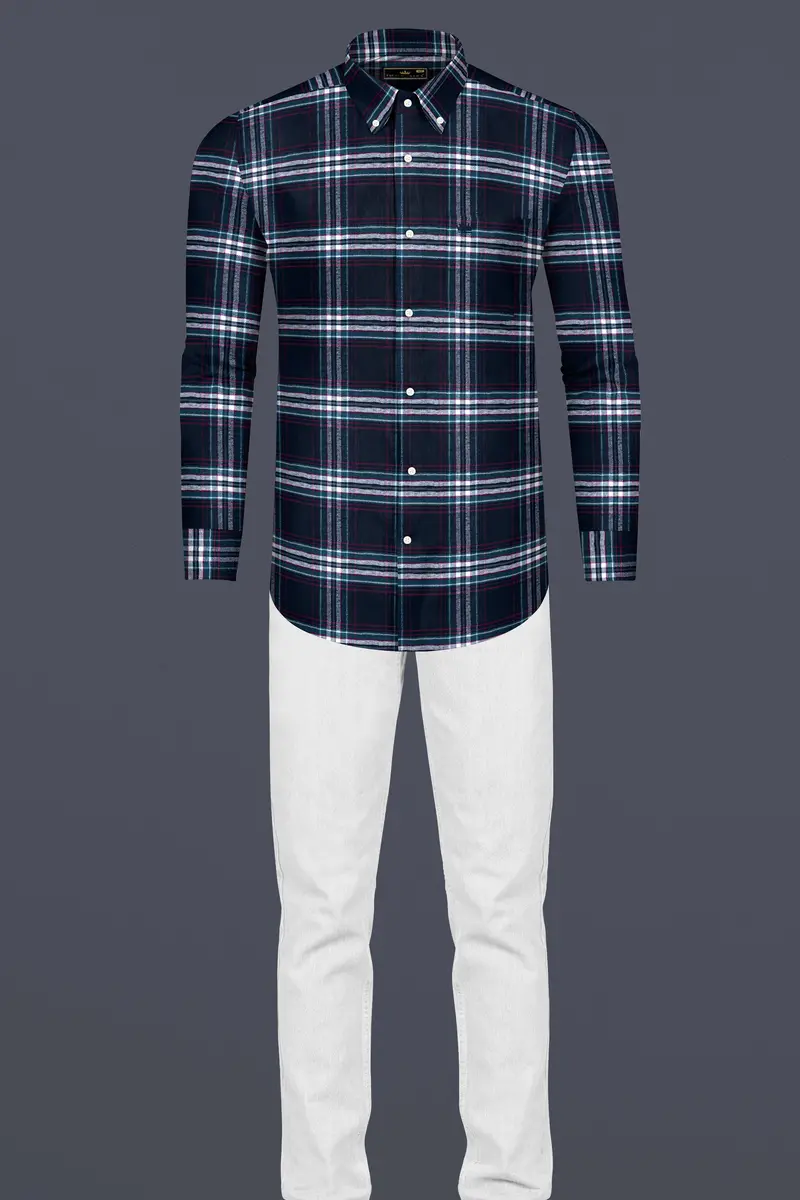 Dark Charcoal Blue With Astronaut Blue And White Plaid Flannel Shirt 6