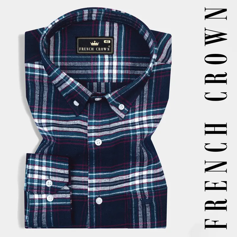 Dark Charcoal Blue With Astronaut Blue And White Plaid Flannel Shirt 7