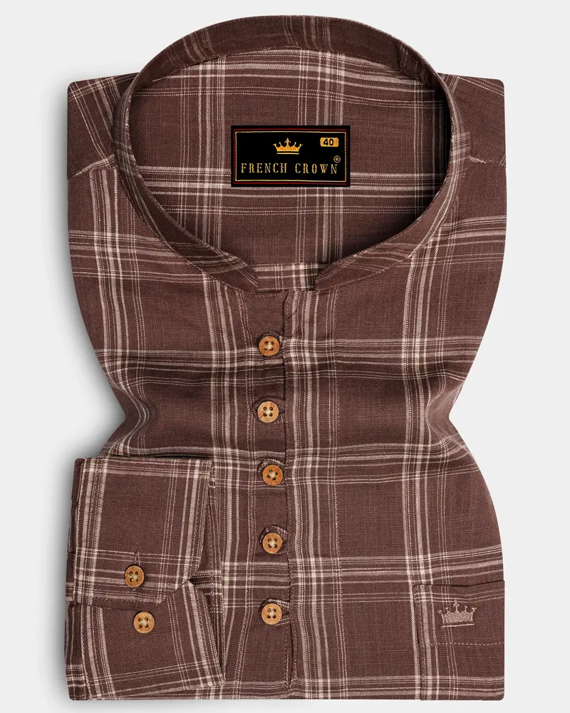 Dark Chestnut Brown Plaid Luxurious Linen Kurta Shirt 1