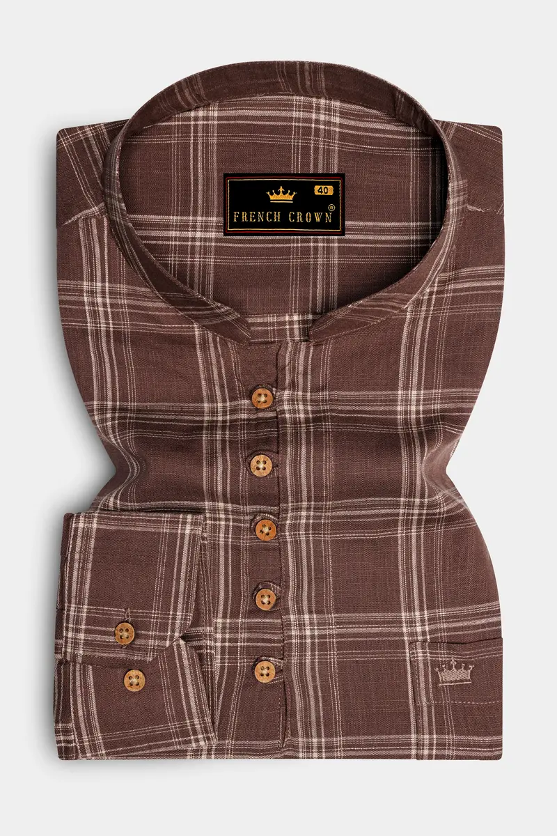 Dark Chestnut Brown Plaid Luxurious Linen Kurta Shirt 2