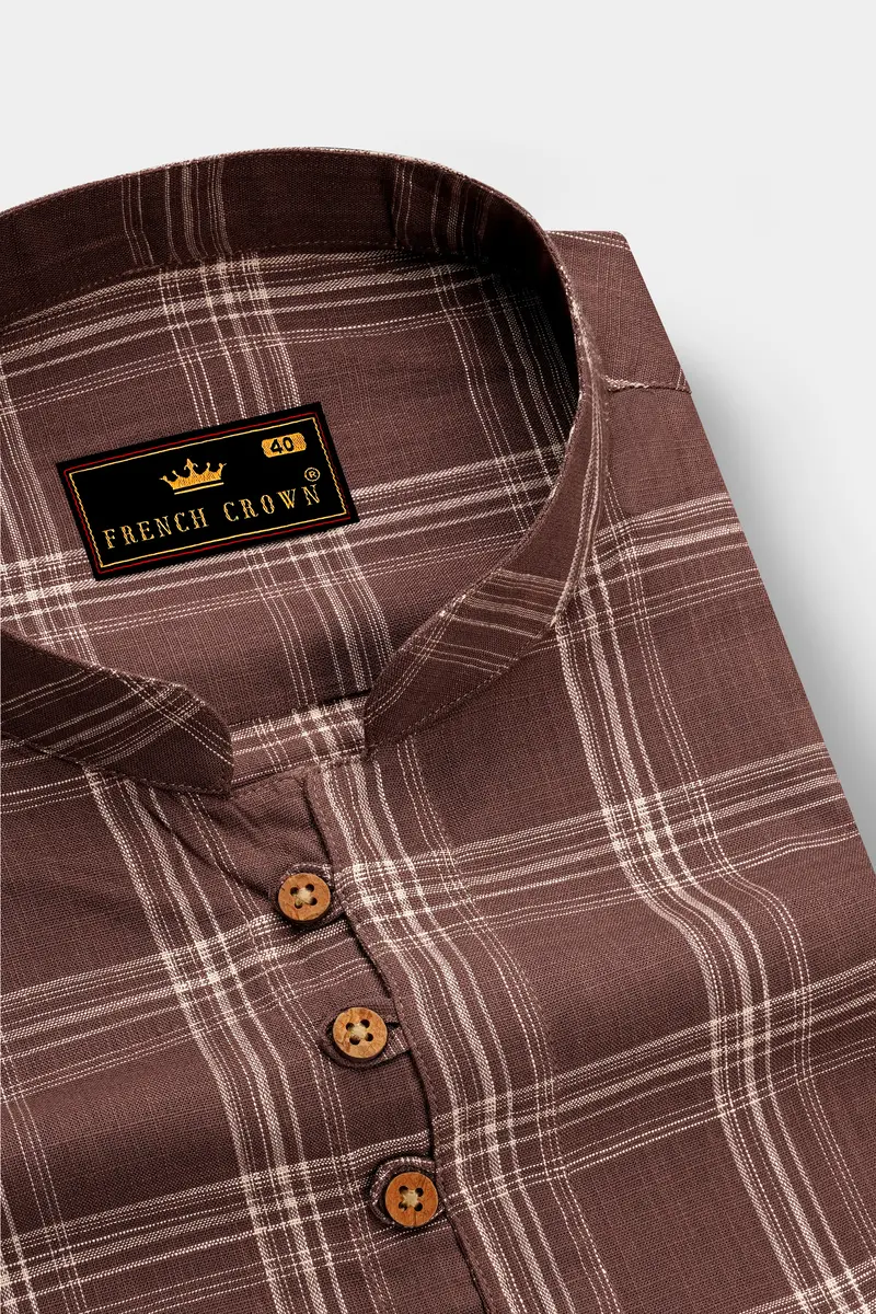 Dark Chestnut Brown Plaid Luxurious Linen Kurta Shirt 4
