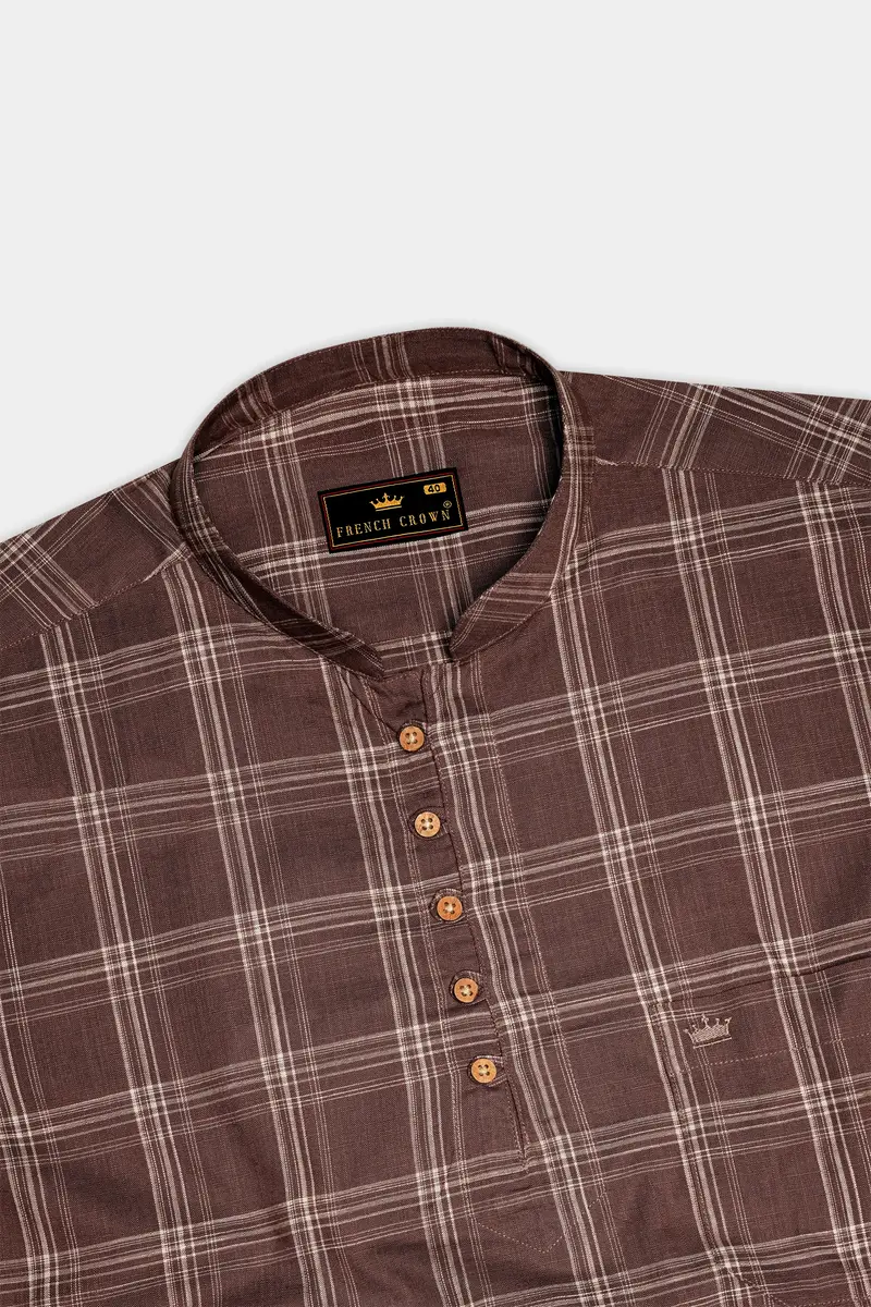 Dark Chestnut Brown Plaid Luxurious Linen Kurta Shirt 5