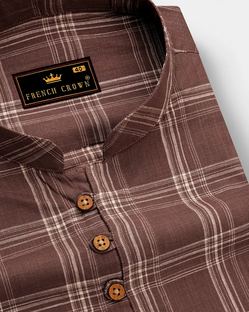Dark Chestnut Brown Plaid Luxurious Linen Kurta Shirt 6