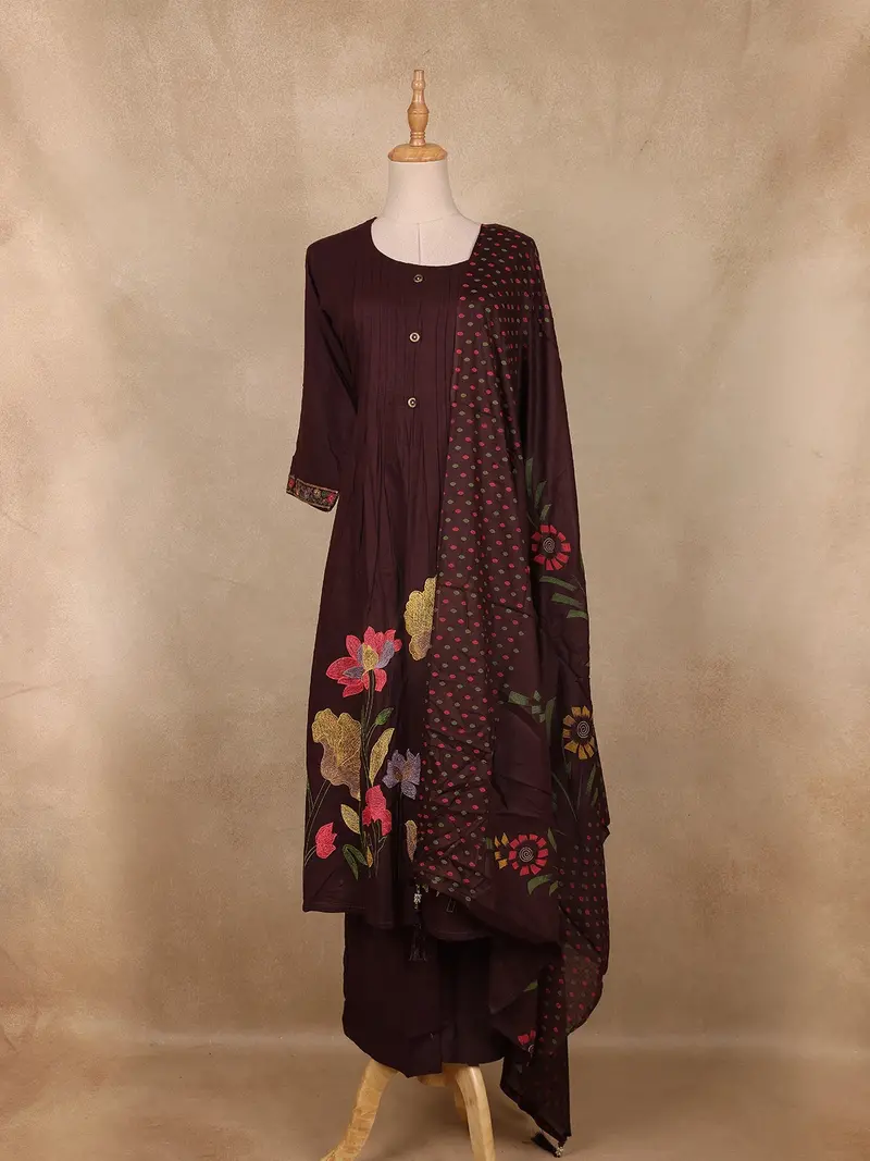 Dark Chocolate Brown Floral Embroidered Cotton Salwar Suit With Dupatta 1