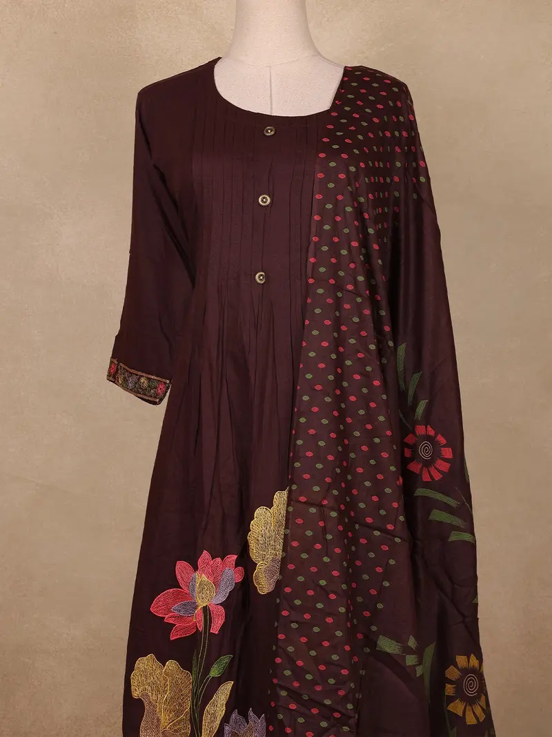 Dark Chocolate Brown Floral Embroidered Cotton Salwar Suit With Dupatta 2