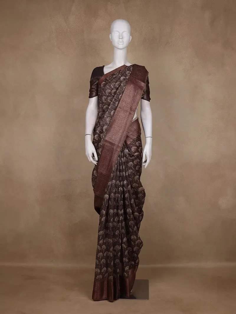 Dark Coffee Brown Butta Printed Chanderi Silk Saree 1