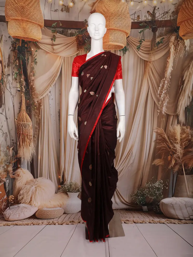 Dark Coffee Brown Butta Woven Design Pure Banarasi Silk Saree With Contrast Zari Border 1