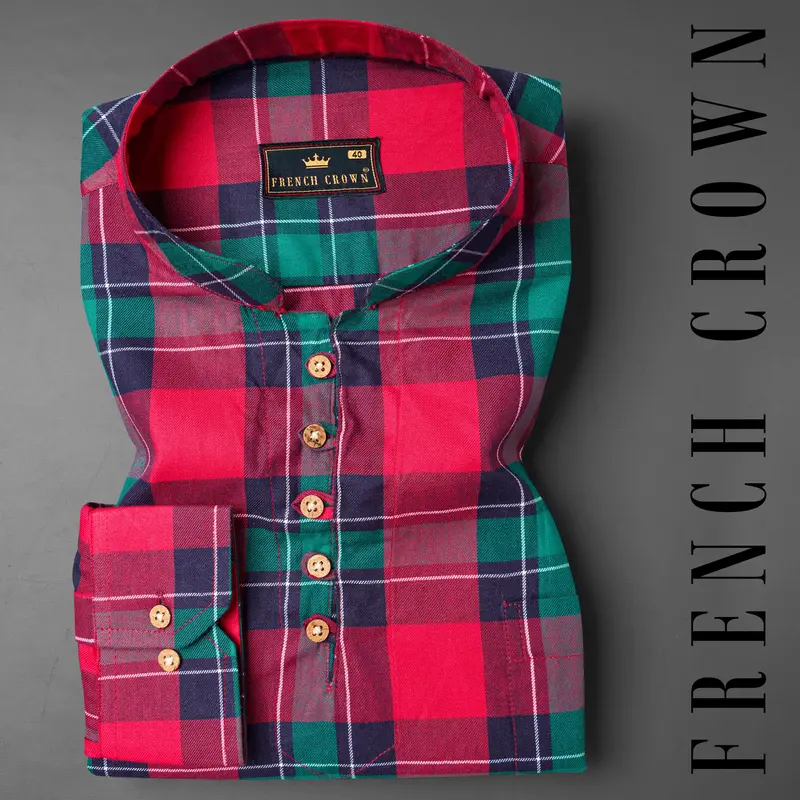 Dark Cyan Green With Rich Maroon Twill Checkered Premium Cotton Kurta Shirt 1