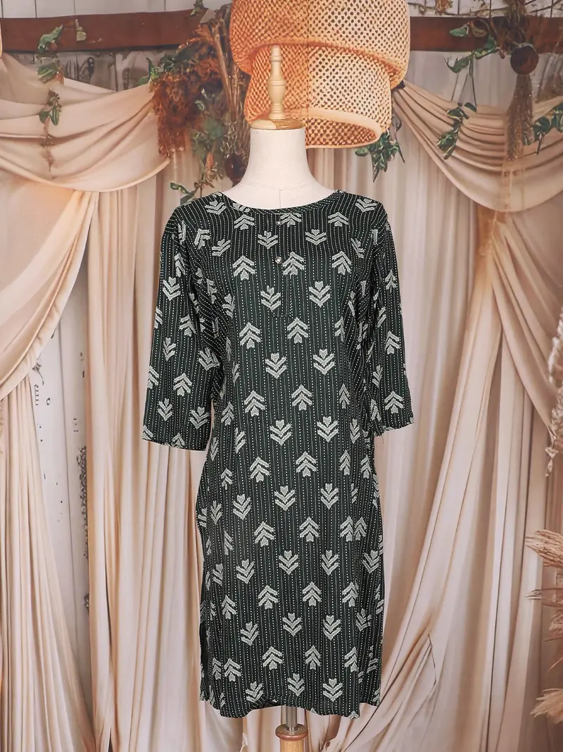 Dark Green Abstract Printed Design Cotton Kurti 1