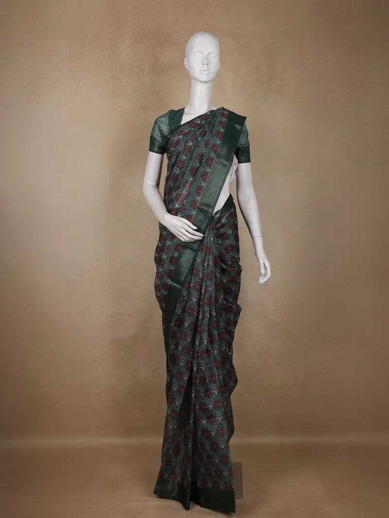 Dark Green Ajrakh Printed Chanderi Cotton Saree With Woven Border 1